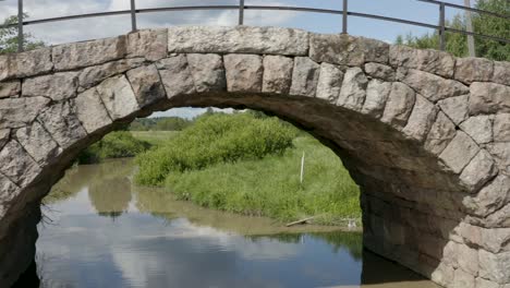 Aerial-pan-left-to-right-of-an-old-stone-bridge-in-Finland-near-Kerava