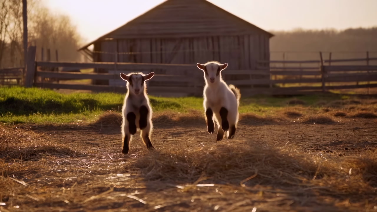Two Baby Goats In Golden Sunset Near Wooden Barn, Playful Kids Exploring Pasture And Hopping Through Hay, Warm