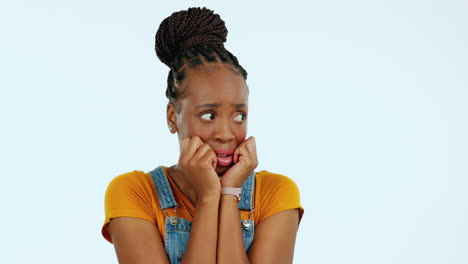 black woman, biting nails and fear with anxiety