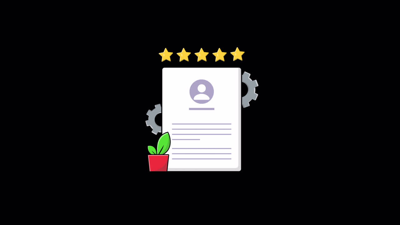 Animated Profile Document with Gears and Rating Stars
