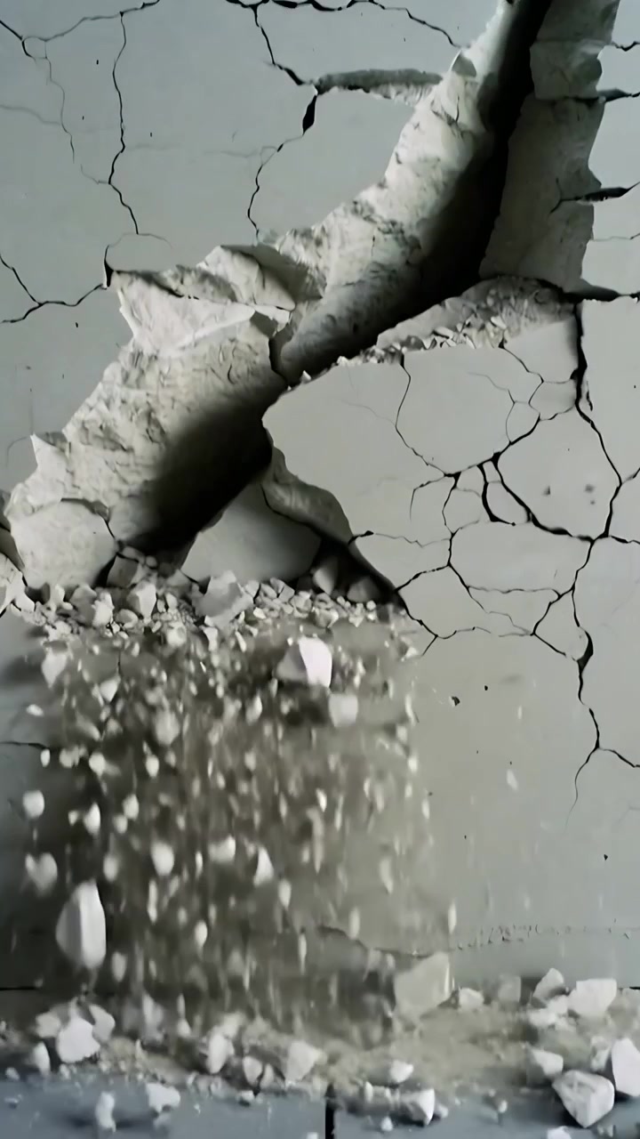 Vertical video: Peeling drywall panel starting to split along crack, chunks falling to tile seam