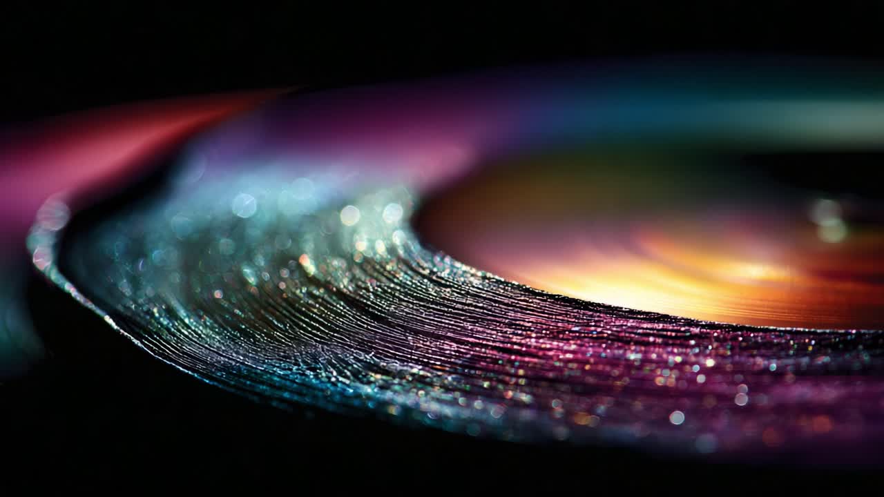 Captivating Close-Up of a Vinyl Record's Grooves: A Stunning Display of Light, Color, and Texture, Reflecting the History and Artistry of Music Through Time