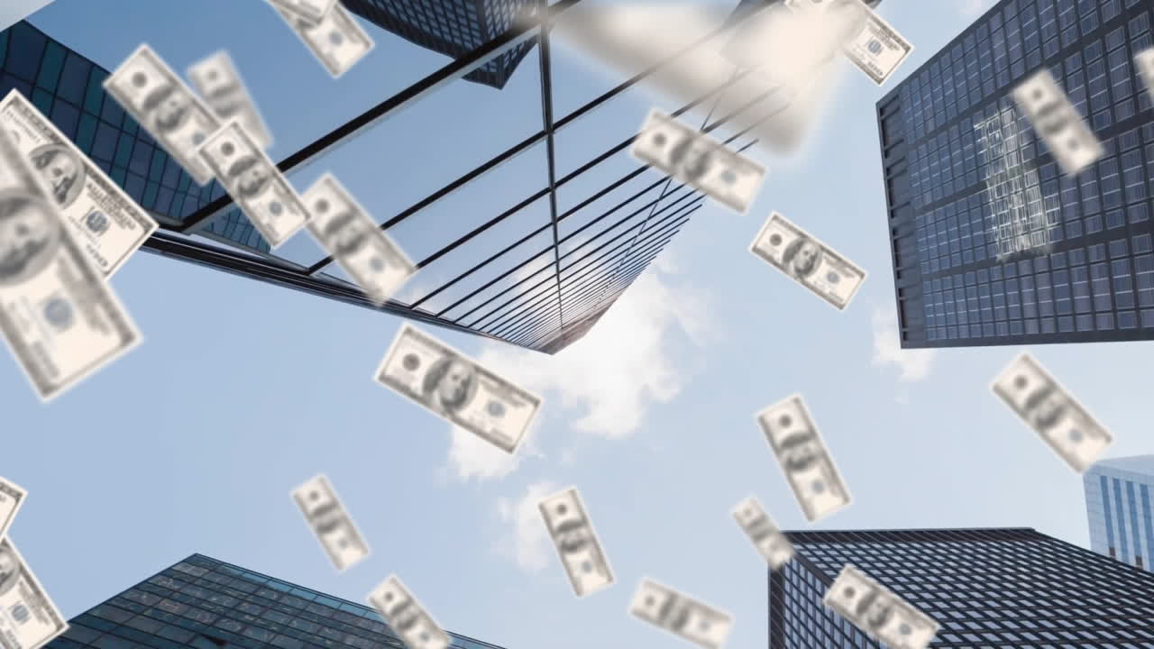 Falling dollar bills animation over skyscrapers and blue sky background