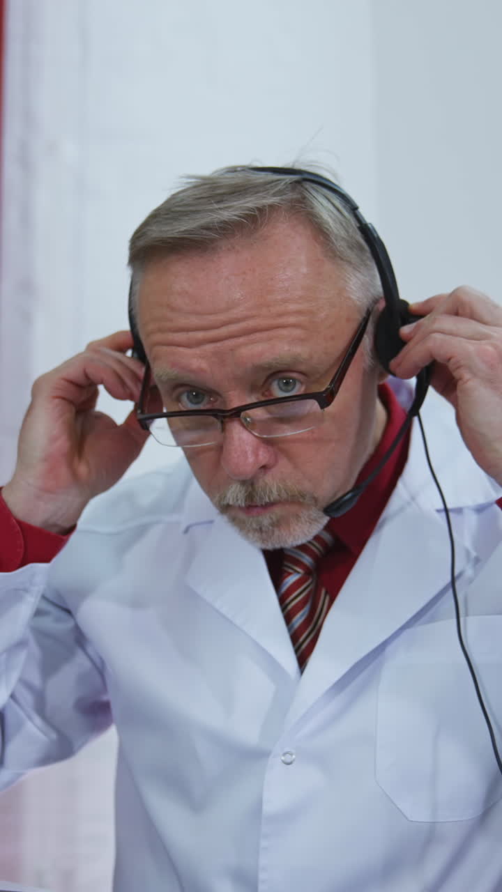 Telemedicine. Doctor putting on headphones and starting talking to a microphone during online consultation in medical center. Vertical video