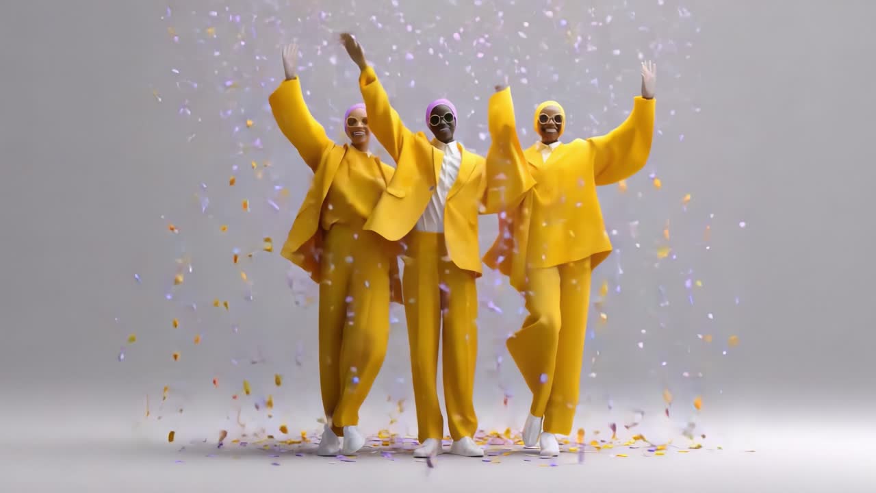 Joyful Celebration: Three Stylish Individuals in Yellow Suits Revel in a Burst of Colorful Confetti, Expressing Happiness and Togetherness in a Dynamic and Uplifting Scene