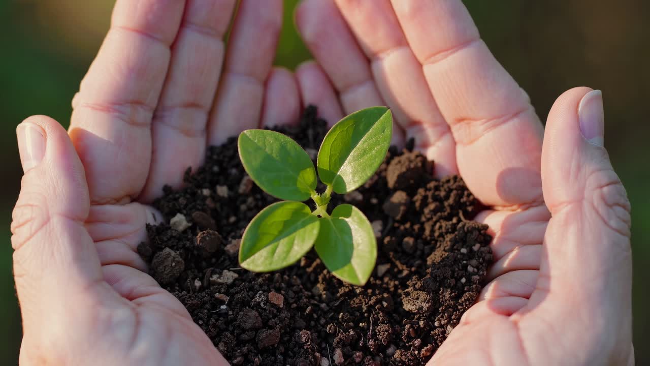 Close-up video shot of hands gently cradling a small plant in soil, symbolizing growth and care