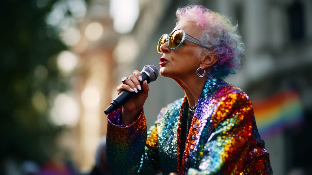 A Vibrant Activist Dazzles in Colorful Sequins While Addressing a Crowd with Passionate Speeches at an Outdoor Event, Celebrating Diversity and Inclusivity with Joy