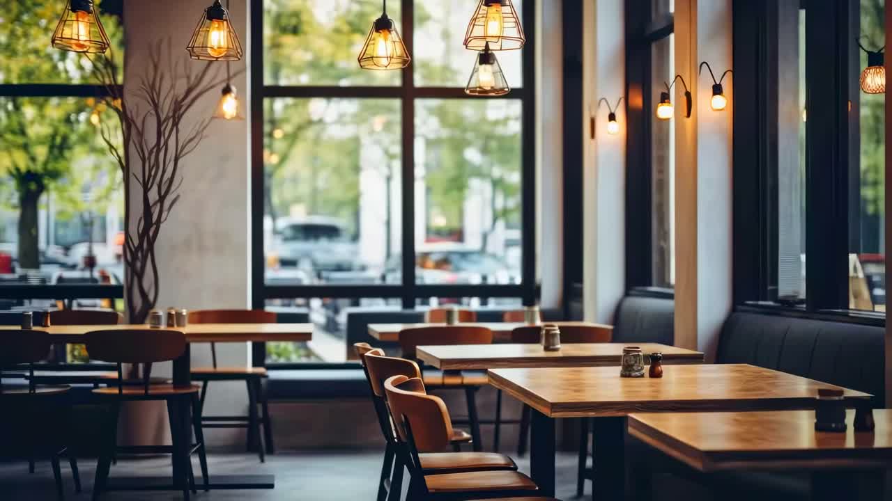 Cozy cafe interior with wooden tables and warm lighting, captured from a low-angle