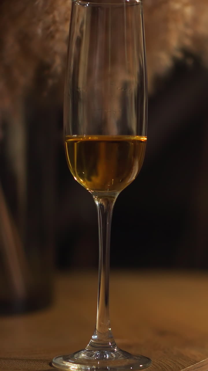 Crystal wineglass with alcoholic liquid inside stands on small wooden coffee table. Glamping cozy room illuminated by soft light of lantern