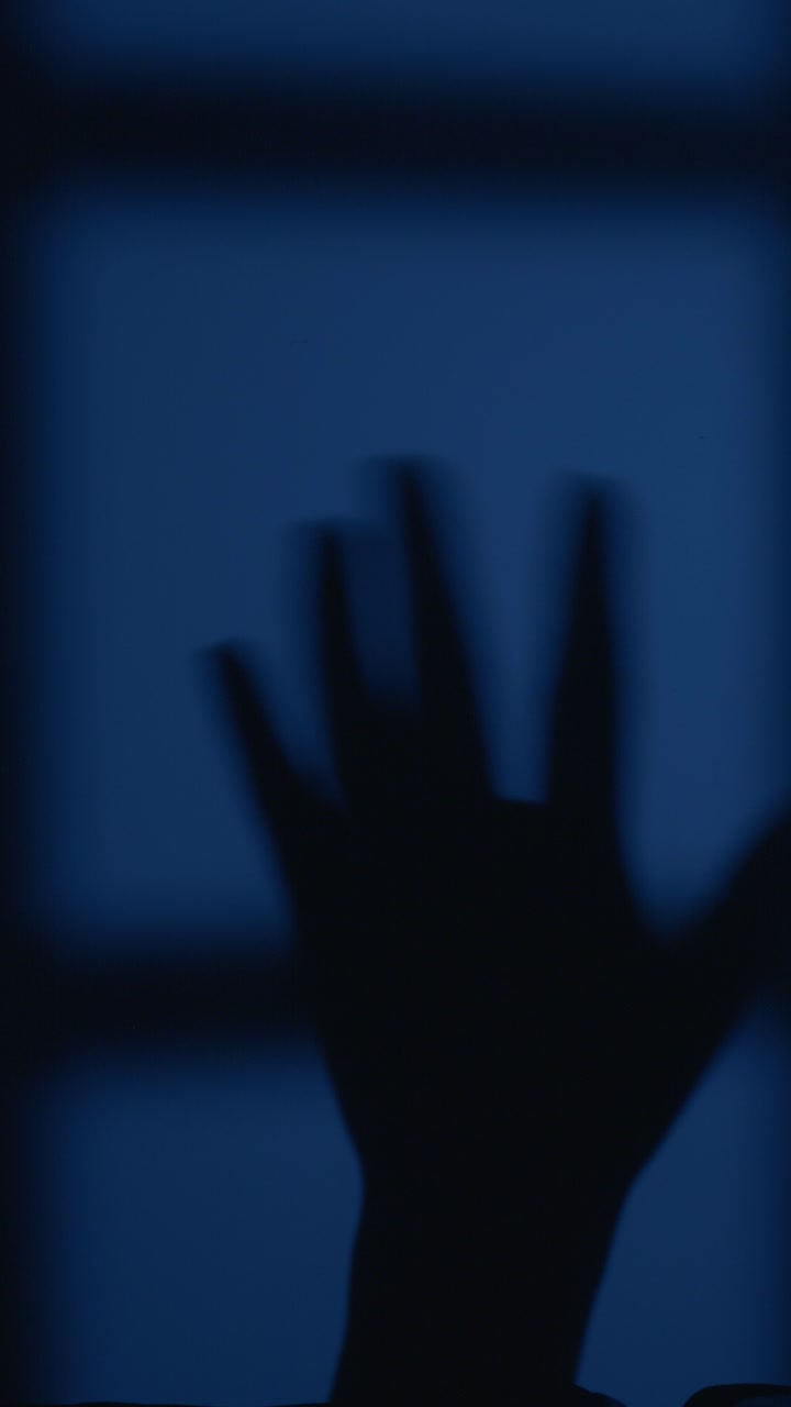 A vertical video of a hand's shadow cast on a blue wall. Mysterious atmosphere, soft lighting, intimate focus. Ideal for mobile, social media stories, and portrait content