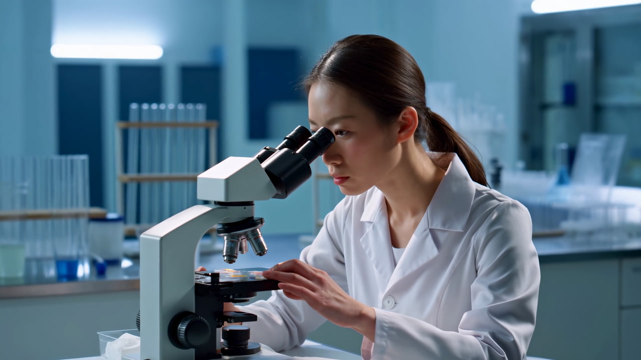 Scientist Examines Microscope Slide In Clinical Laboratory, Adjusting Focus And Preparing Sample, Sterile