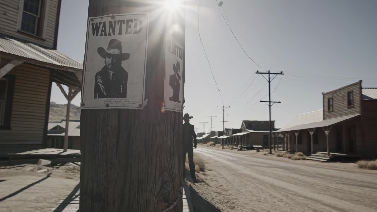 Wide-angle shot of a vintage Western town with a 'Wanted' poster on a wooden post, evoking a classic