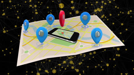 animation of network of connections with map and smartphone on black background