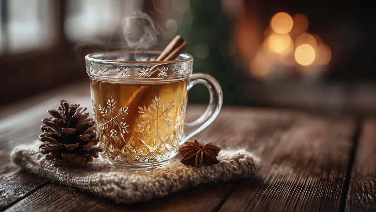 Warm Spiced Drink in Decorated Glass Cup on Rustic Wooden Table Surrounded by Pine Cones, Evoking Cozy Winter Atmosphere with Aromatic Cinnamon Stick