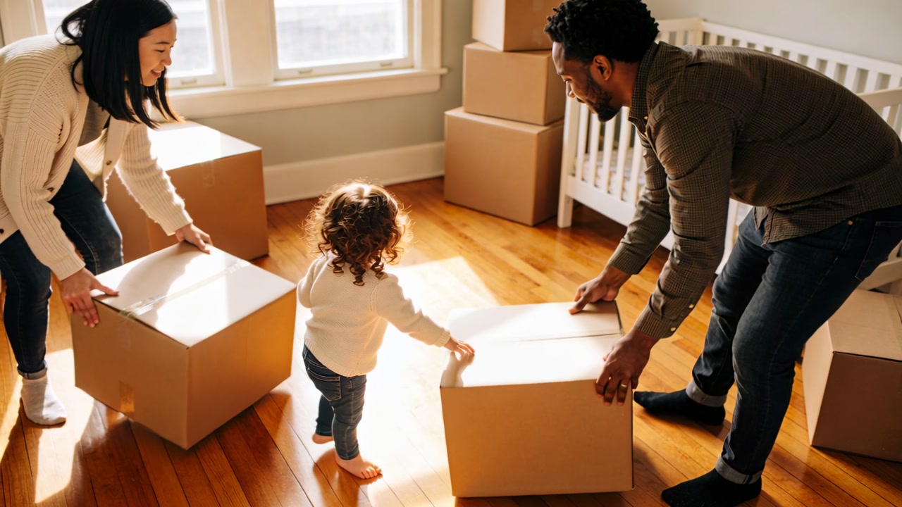 Lowering boxes, parents in sweater and shirt steadying toddler while arranging nursery near crib