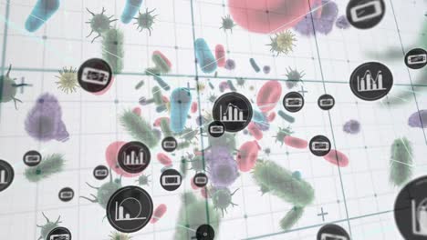 network of digital icons against multiple covid-19 cells and blood vessels on white background