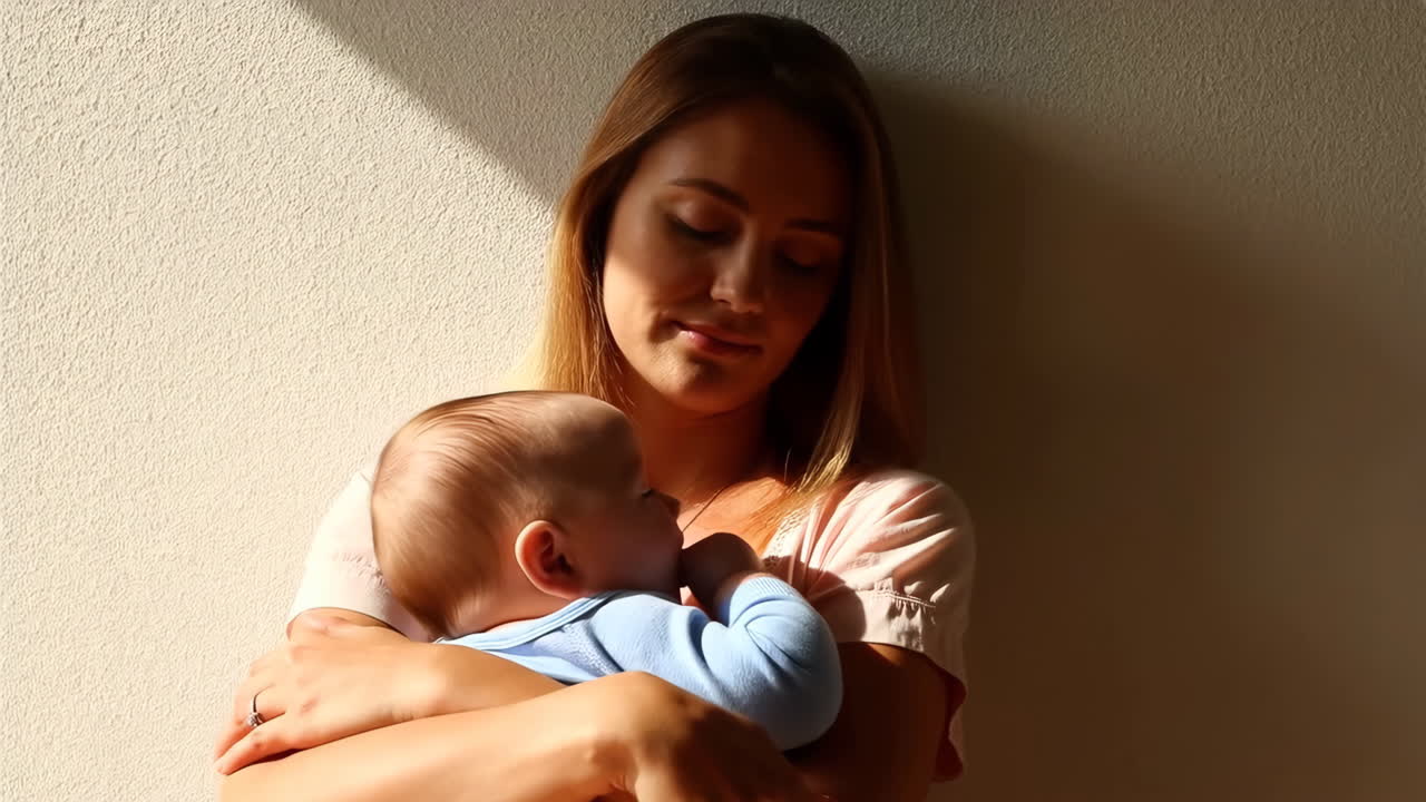 Mother holding her baby in warm sunlight