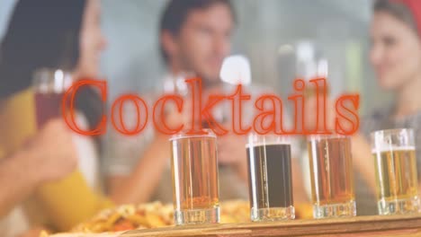 Animation-of-red-cocktails-neon-text-over-diverse-friends-drinking-and-talking-in-bar