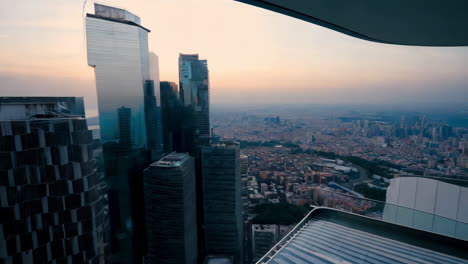 city skyline view with modern skyscrapers at dusk