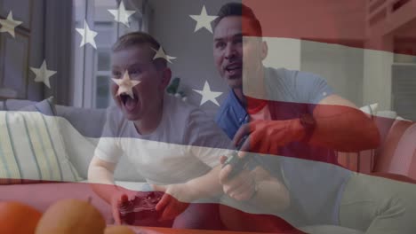 Animation-of-american-flag-over-caucasian-father-and-son-playing-videogames