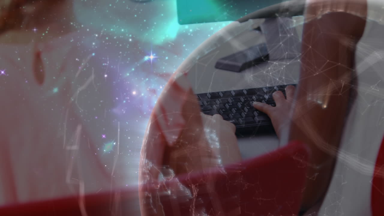 초등학교 에서 컴퓨터 를 사용 하는 학생 들 의 그룹 의 뒤쪽 시야 에 대하여 회전 하는 지구