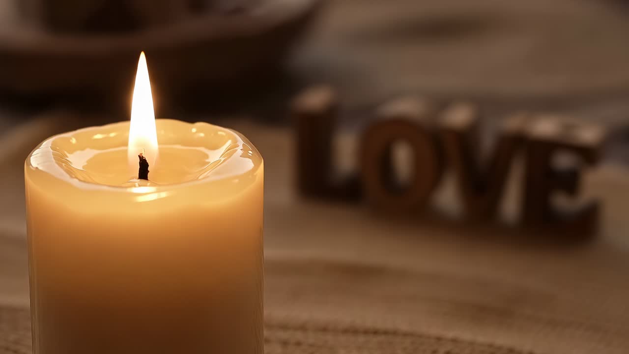 Nakloněný plamen svíčky reagující na poryv na desce stolu, kamera zaostřuje na písmena LOVE, volný prostor
