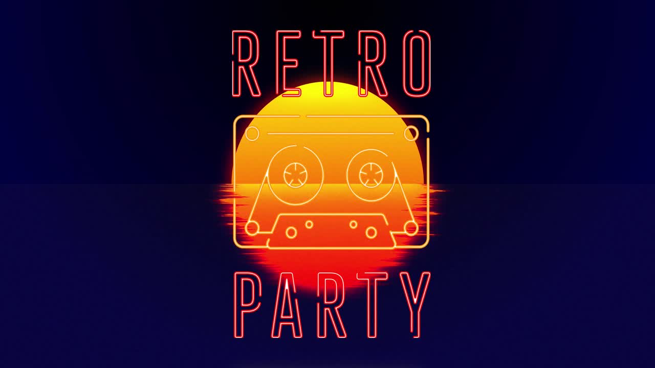 바다와 태양 위의 레트로 파티 텍스트의 애니메이션