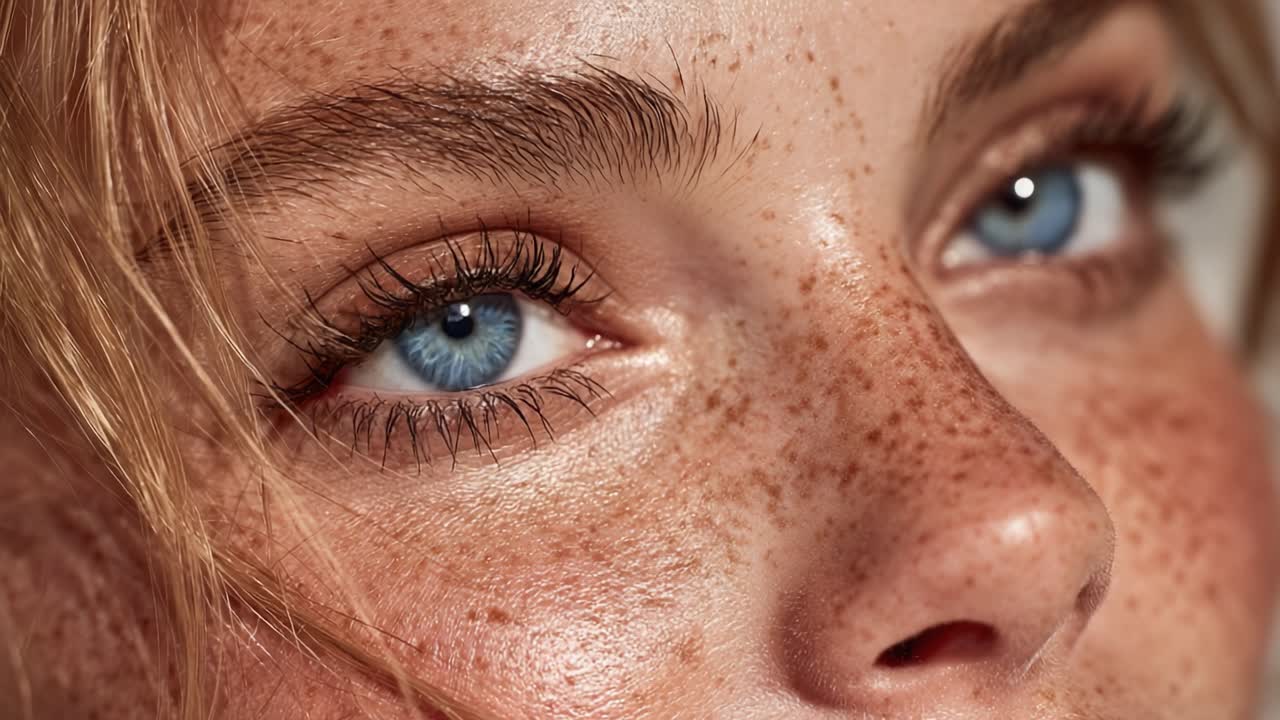 Close-Up of Expressive Blue Eyes Highlighting Natural Freckles and Flawless Skin, Capturing Unique Beauty and Character in a Stunning Portrait