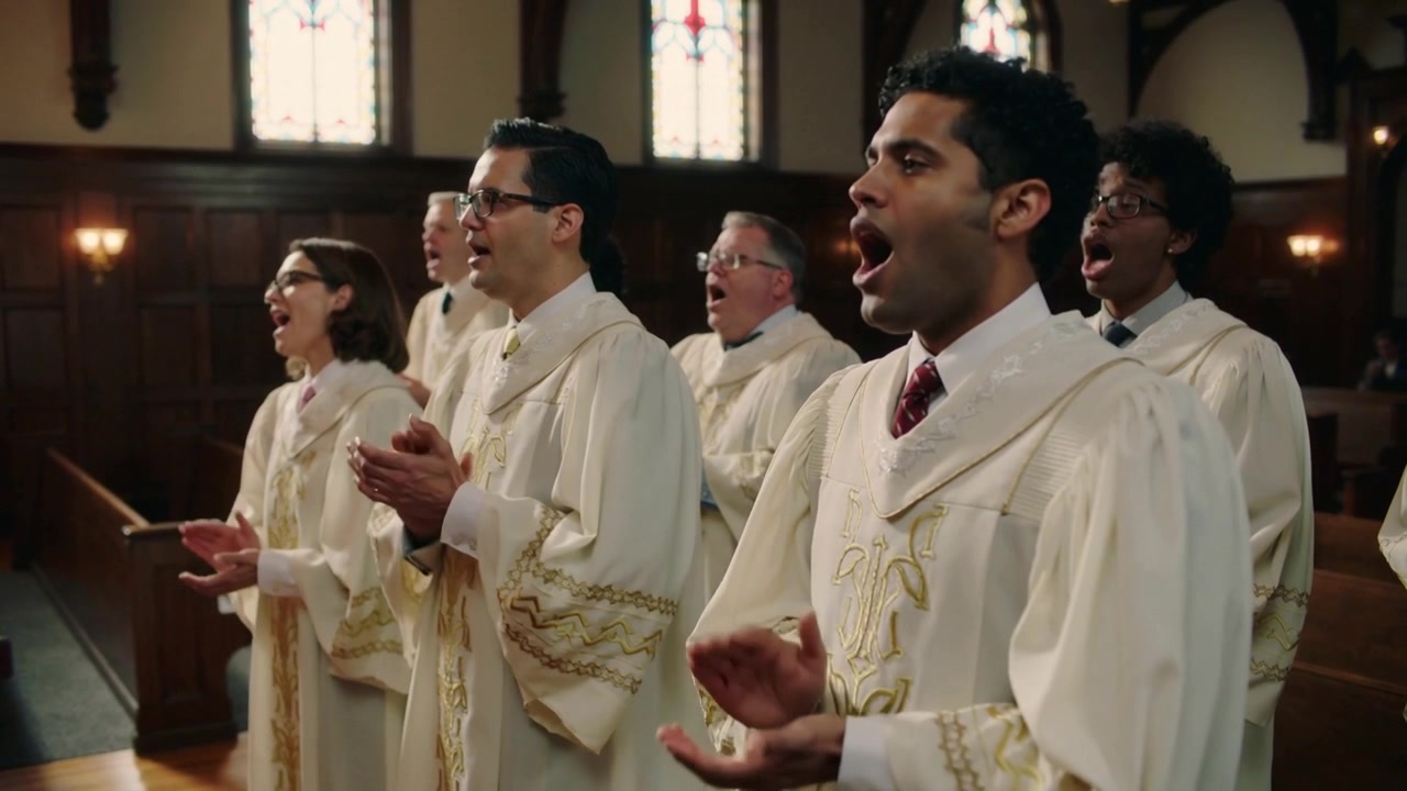 Leader cueing robed choir clapping, singing, lowering hands for worship in church nave, gold robes