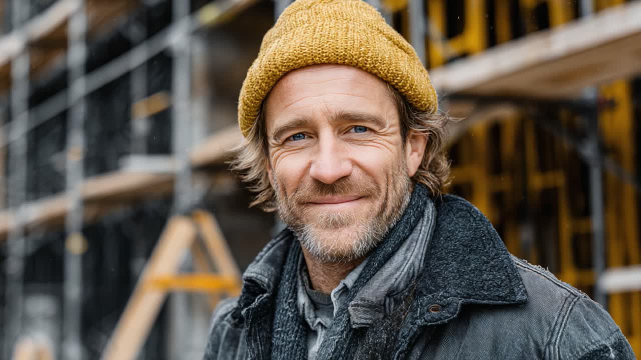 A Confident Smile: Showcasing a Construction Worker in a Cozy Yellow Beanie Against a Backdrop of Scaffolding, Reflecting Strength and Resilience