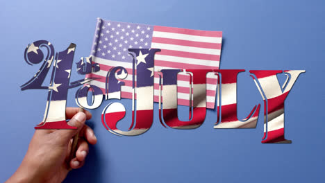 Animation-of-4th-of-july-text-over-flag-of-united-states-of-america-on-blue-background