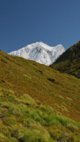 mountain landscape scenery and blue sky, barren green high altitude terrain and snowcapped himalayas mountains in nepal, annapurna mountain range a popular hiking and trekking area in nepal