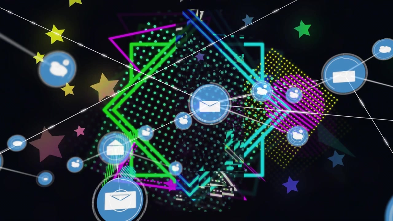 Animation d'un réseau de connexions avec des icônes sur des formes néon abstraites et fond noir