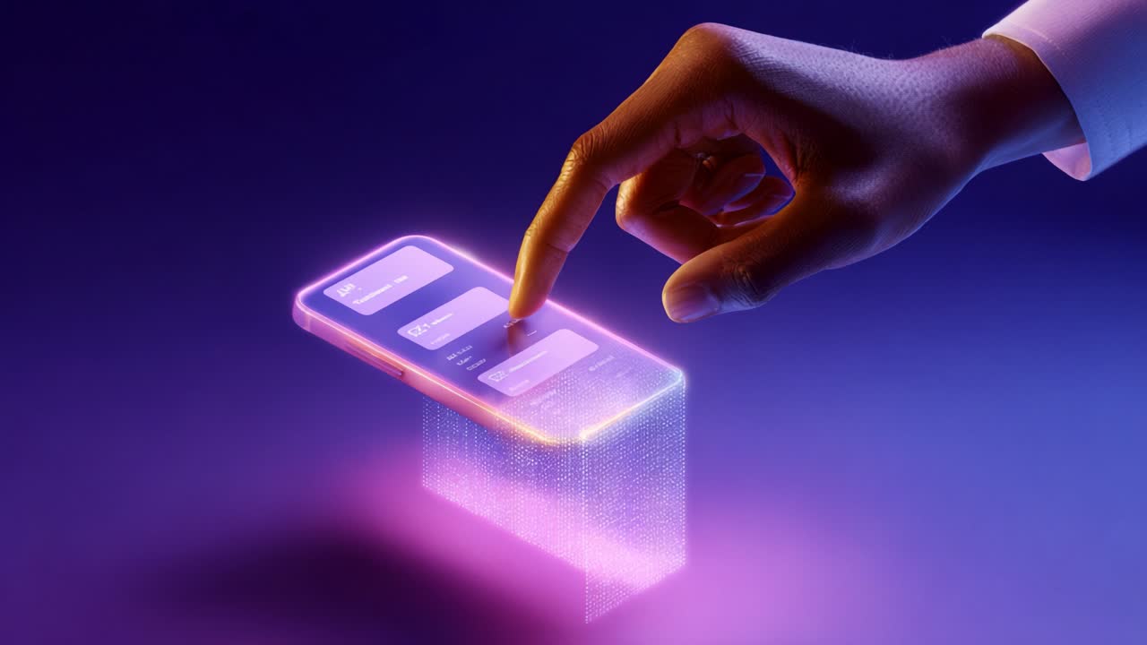 A futuristic smartphone interface comes to life as a hand interacts with a holographic display, showcasing seamless digital navigation and advanced technology in a captivating visual experience