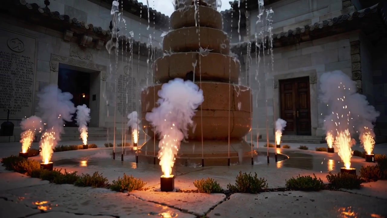 Accensione di una fiamma, fontana in pietra centrale che scroscia in un cortile mentre dei contenitori sprigionano scintille