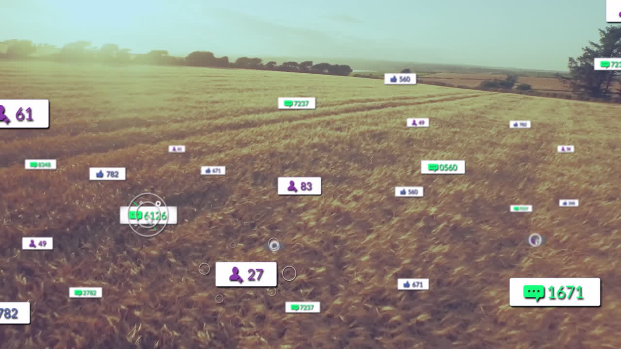 Social media interaction data animation over aerial view of wheat field