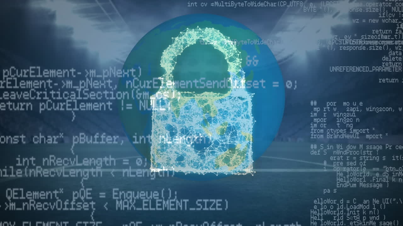 animación del procesamiento de datos y el icono del candado sobre el globo y el estadio