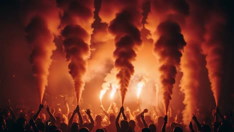 an electrifying spectacle of vibrant smoke and fiery flares, as a captivated crowd raises their arms in unity, celebrating the intense atmosphere infused with excitement and energy