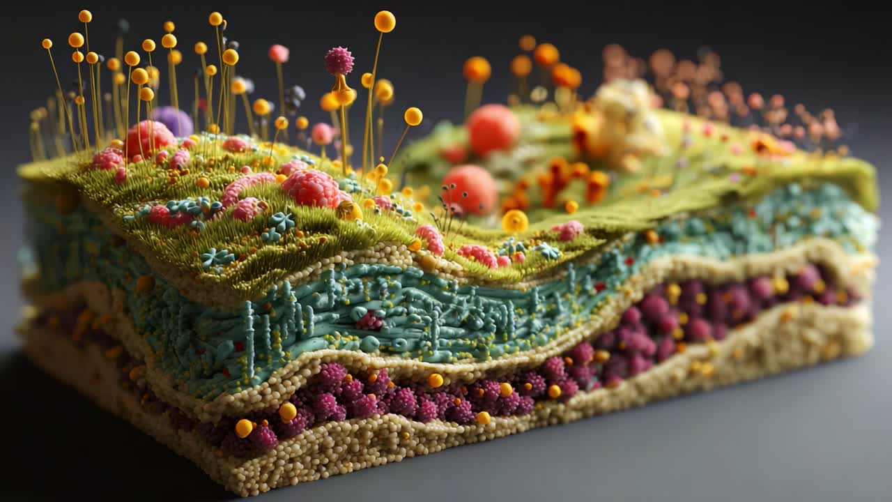 A Colorful and Textured Microbial Landscape Displaying Vibrant Structures and Forms, Capturing the Intricacies of Microorganisms Interacting with Their Environment in a Stimulating Visual Composition