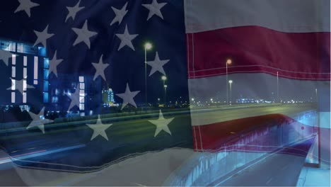 Zeitraffer-Von-Autos-Gegen-Amerikanische-Flagge