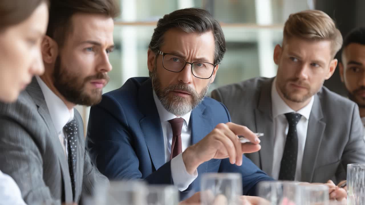 Riunione seria tra professionisti: discussione coinvolgente ed espressioni concentrate in un ambiente formale di lavoro
