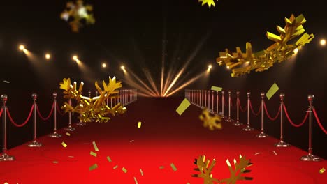 animation of christmas gold stars falling over red carpet background