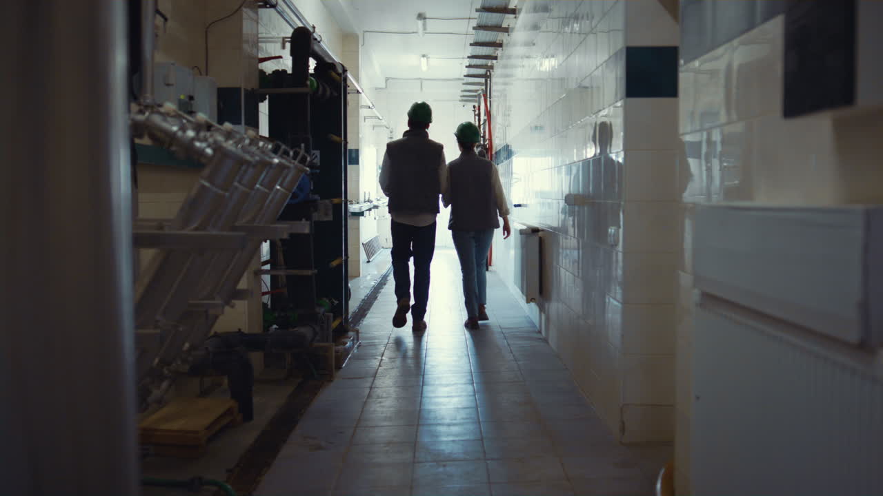 supervisores de la granja inspeccionando la producción láctea yendo a la instalación juntos vista trasera.