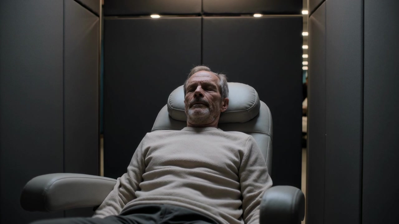 Breathing senior man in sweater shifting, swallowing and resting in booth recliner, strip lights