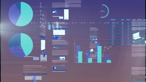 animation of interface with statistical data processing and light spot on purple gradient background