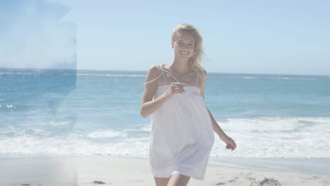 Animation-of-clouds-over-smiling-caucasian-woman-running-on-beach