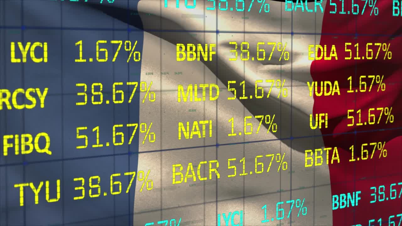 Blue and yellow numbers and stock market statistics rolling over a grid on a black background