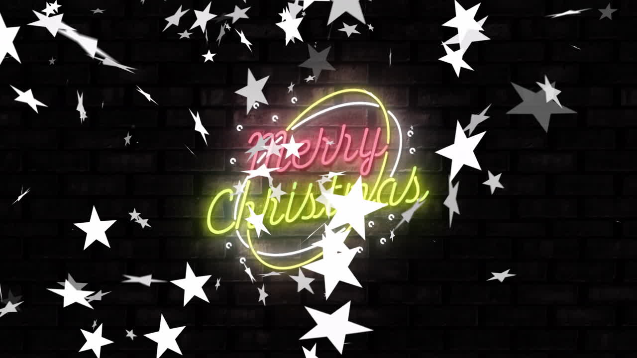 Insegna al neon luminosa "Buon Natale" con stelle bianche su muro di mattoni scuro