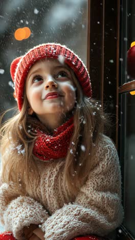 child in cozy sweater enjoying snowfall by the window