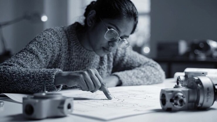 Focused individual engaged in intricate design work, utilizing technical tools and sketching detailed plans in a thoughtfully arranged workspace illuminated soft light.